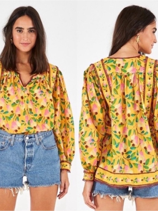 FARM Rio Tops - FARM Rio Mini Cashew Blouse Yellow Floral Boho Puff Sleeve Top